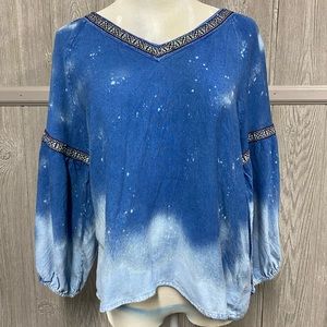 Blue bleached balloon sleeve Hippie Top Large